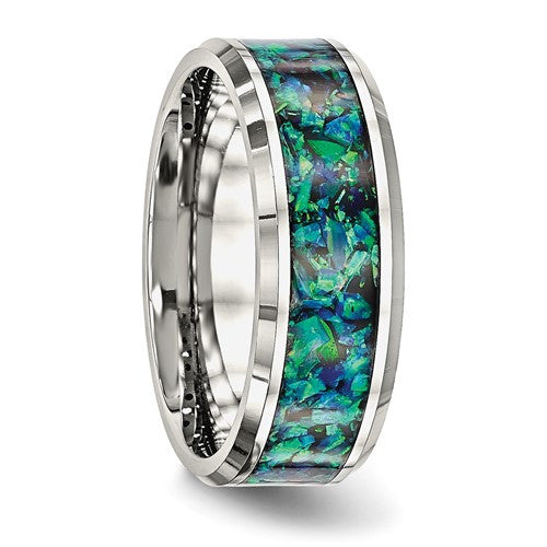 Stainless Steel with Blue Imitation Opal Inlay 8mm Band