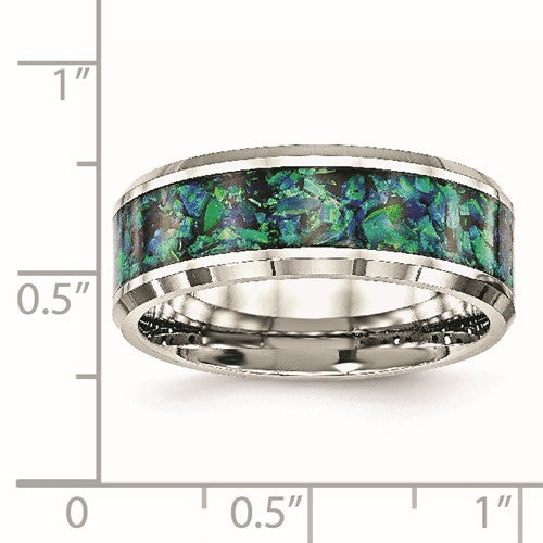 Stainless Steel with Blue Imitation Opal Inlay 8mm Band
