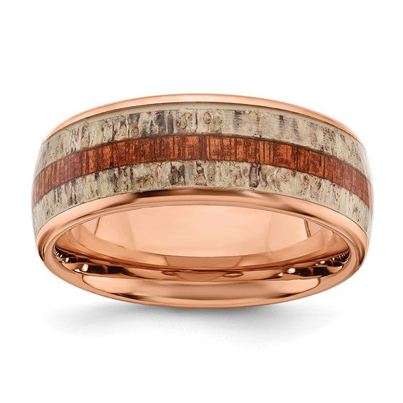 Stainless Steel Rose IP-plated with Wood and Antler Inlay 8mm Band