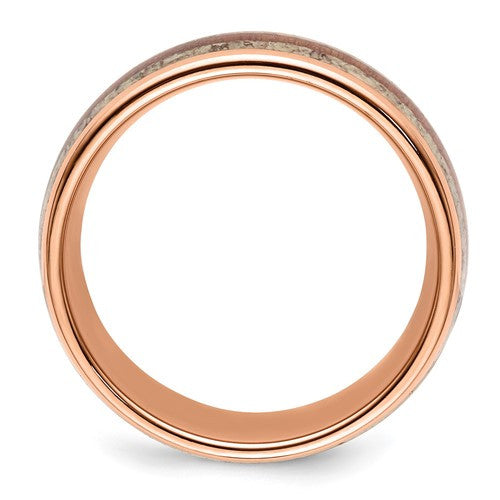 Stainless Steel Rose IP-plated with Wood and Antler Inlay 8mm Band
