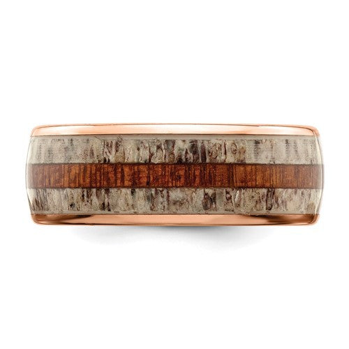 Stainless Steel Rose IP-plated with Wood and Antler Inlay 8mm Band