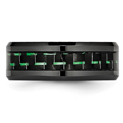 Black Ceramic with Green Carbon Fiber Inlay Beveled Edge Ring