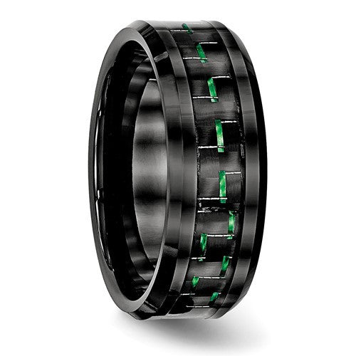 Black Ceramic with Green Carbon Fiber Inlay Beveled Edge Ring
