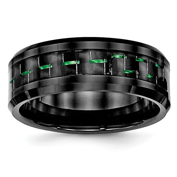 Black Ceramic with Green Carbon Fiber Inlay Beveled Edge Ring