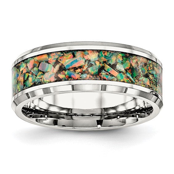 Stainless Steel with Imitation Opal Inlay 8mm Band