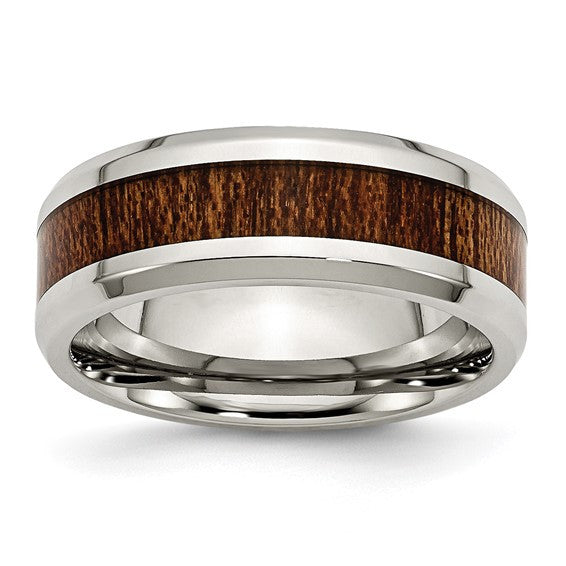 Stainless Steel with Brown Koa Wood Inlay Enameled 8mm Band