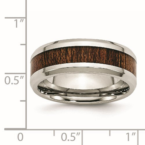 Stainless Steel with Brown Koa Wood Inlay Enameled 8mm Band