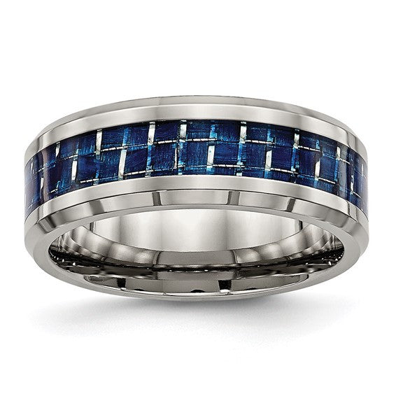 Titanium with Blue Carbon Fiber Inlay 8mm Beveled Edge Band