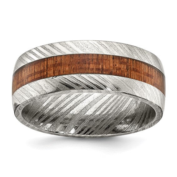Damascus Steel with Sapele Wood Inlay 8mm Band