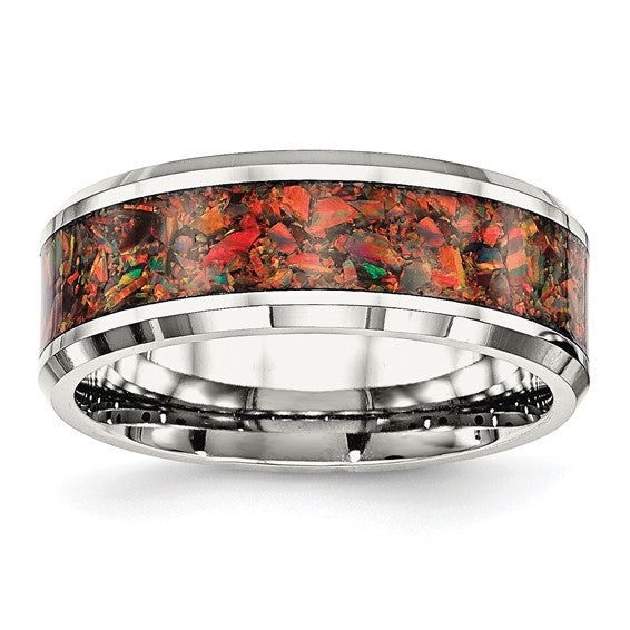 Stainless Steel with Red Imitation Opal Inlay 8mm Band