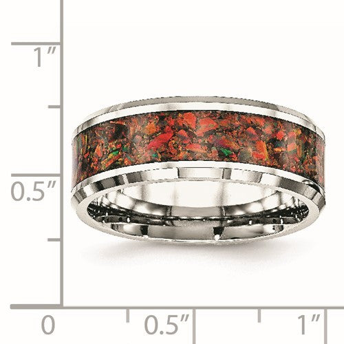 Stainless Steel with Red Imitation Opal Inlay 8mm Band