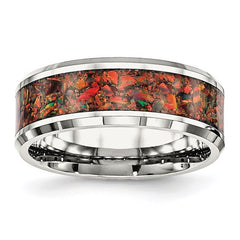 Stainless Steel with Red Imitation Opal Inlay 8mm Band