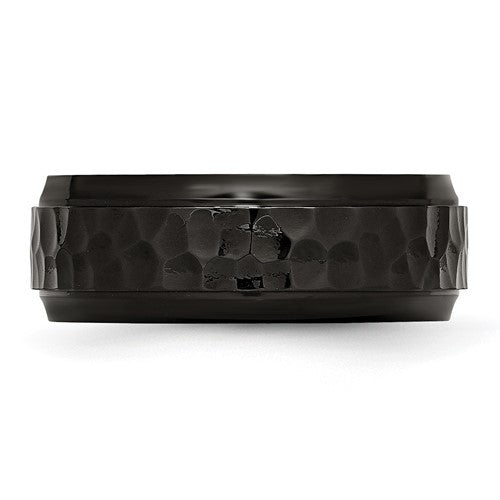 Stainless Steel Polished and Hammered Black IP-plated 8mm Beveled Edge Band