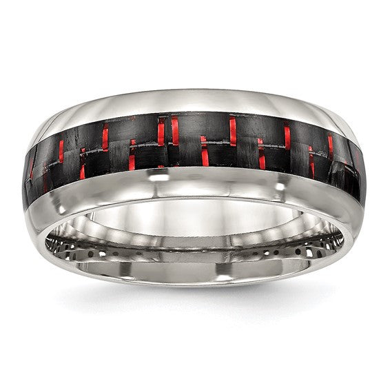 Stainless Steel Polished with Black and Red Carbon Fiber Inlay 8mm Band