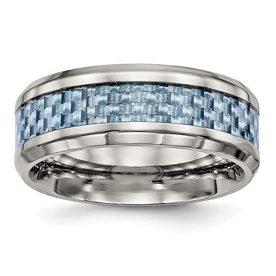 Stainless Steel Polished with Light Blue Carbon Fiber Inlay 8mm Band