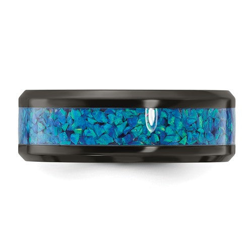Black Zirconium Polished with Blue Imitation Opal Inlay 8mm Band