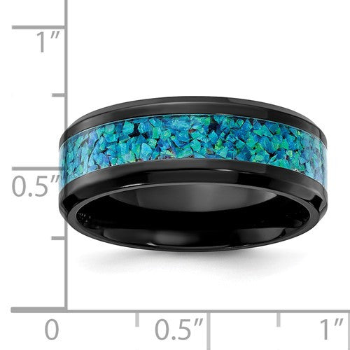 Black Zirconium Polished with Blue Imitation Opal Inlay 8mm Band