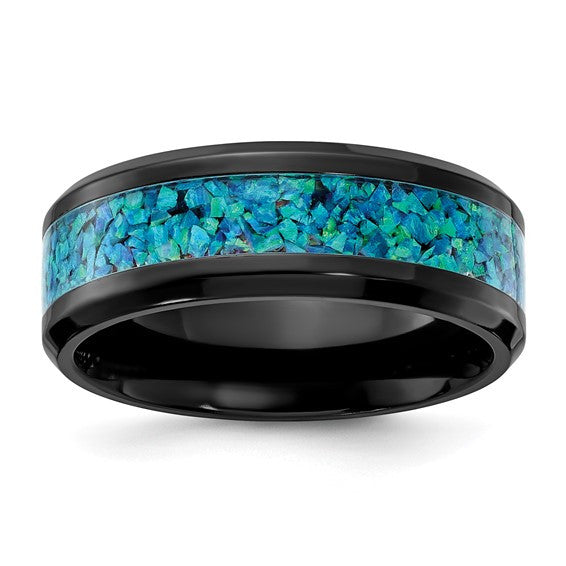 Black Zirconium Polished with Blue Imitation Opal Inlay 8mm Band