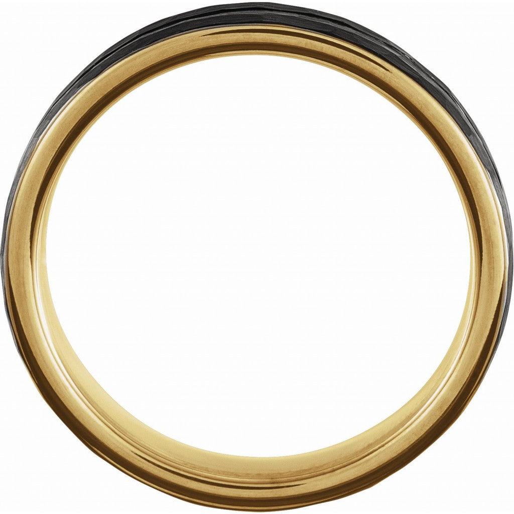 18K Yellow Gold PVD and Black PVD Tungsten 4mm Band With Hammer Finish