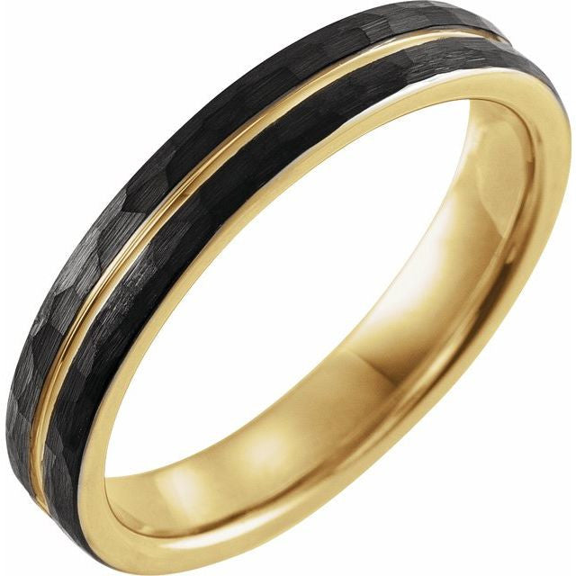 18K Yellow Gold PVD and Black PVD Tungsten 4mm Band With Hammer Finish
