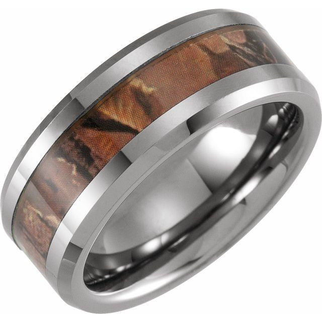Tungsten 8mm Beveled-Edge Band with Acacia Wood Inlay