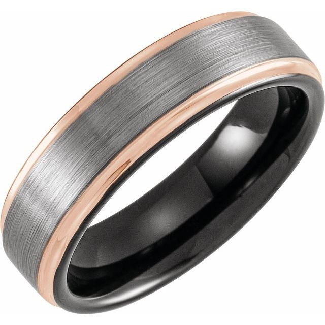 Black and 18K Rose Gold PVD Tungsten 6mm Grooved Band with Satin