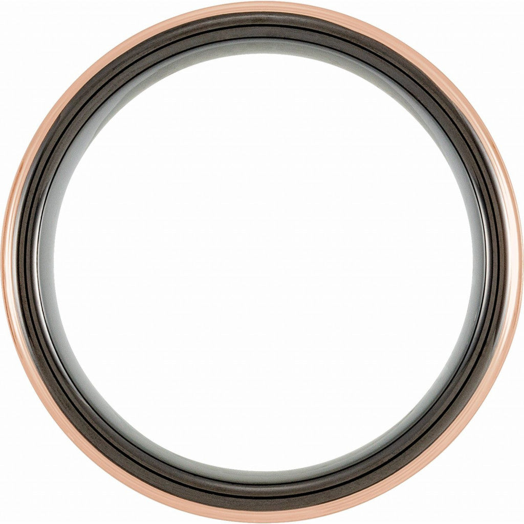 Black and 18K Rose Gold PVD Tungsten 6mm Grooved Band with Satin