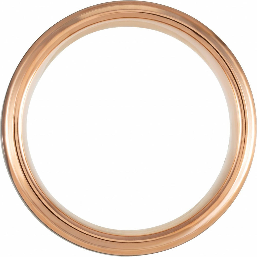 Black and 18K Rose Gold PVD Tungsten 8mm Beveled-Edge Band with a Satin Finish