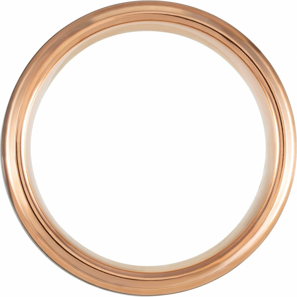 Black and 18K Rose Gold PVD Tungsten 8mm Beveled-Edge Band with a Satin Finish