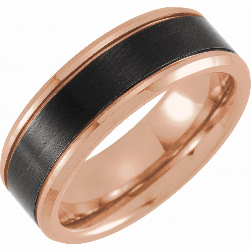 Black and 18K Rose Gold PVD Tungsten 8mm Beveled-Edge Band with Satin Finish