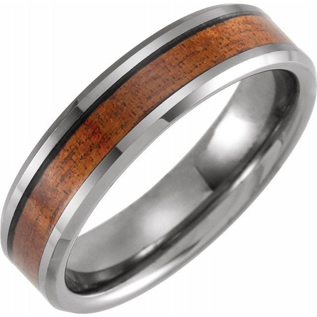 Tungsten 6mm Beveled-Edge Band with Acacia Wood Inlay