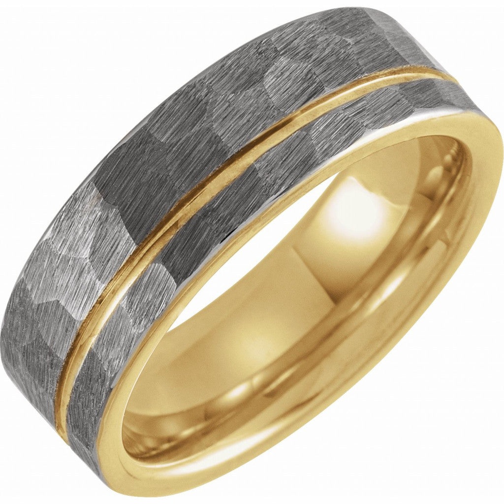 18K Yellow Gold PVD Tungsten 8mm Grooved Band with a Hammer Fini