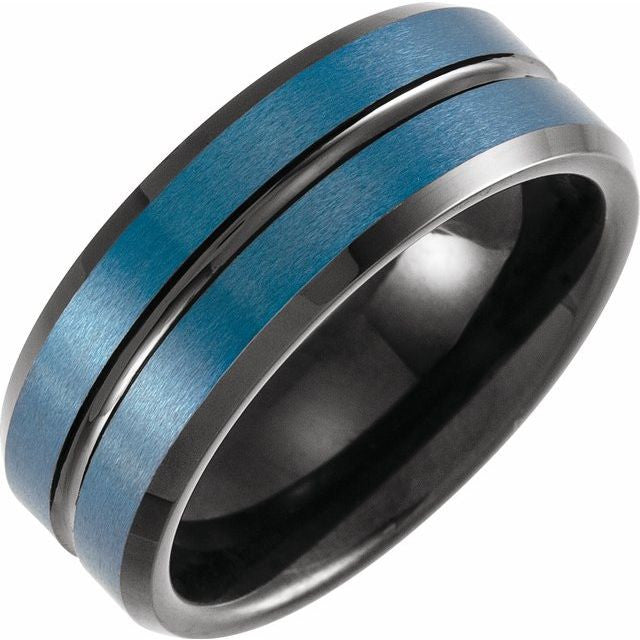 Black and Blue PVD Tungsten 8mm Grooved Band