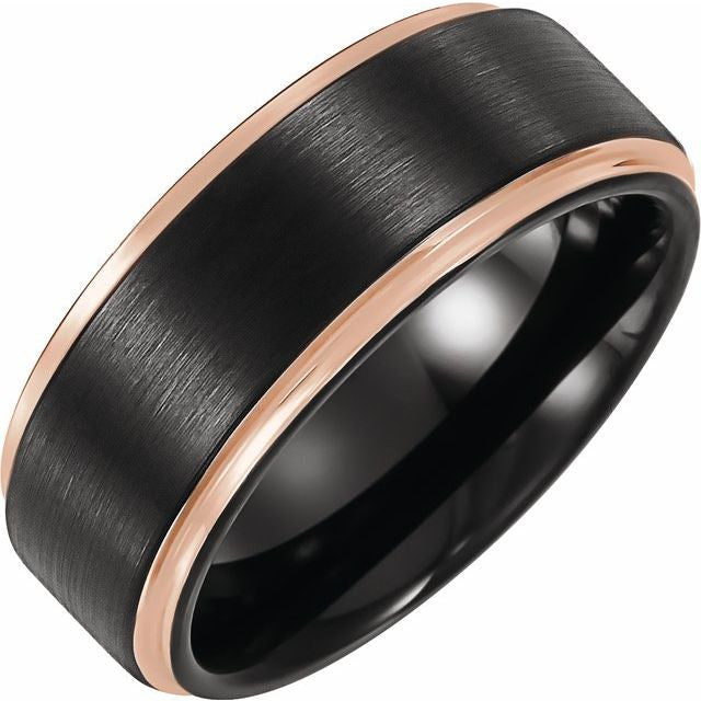 18K Rose Gold PVD and Black PVD Tungsten 8mm Flat Grooved Band