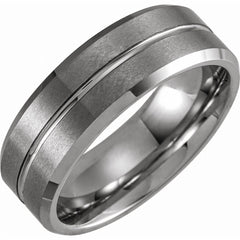 White PVD Tungsten 8mm Grooved Beveled-Edge Band with a Matte Fi