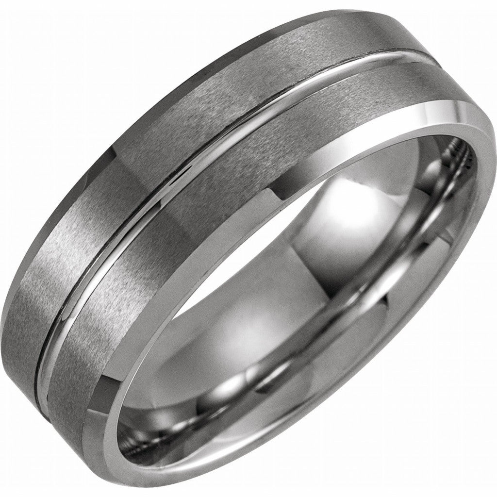 White PVD Tungsten 8mm Grooved Beveled-Edge Band with a Matte Fi