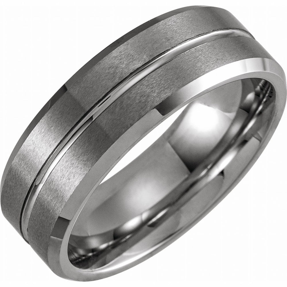 White PVD Tungsten 8mm Grooved Beveled-Edge Band with a Matte Fi