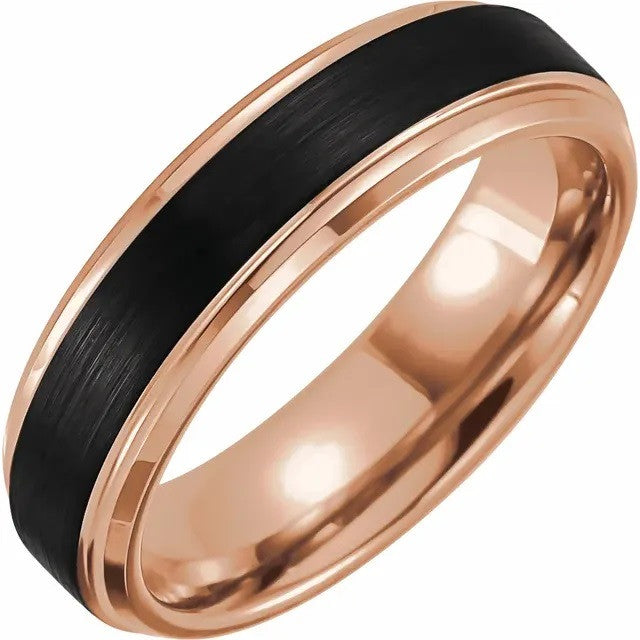 18K Rose Gold PVD Black PVD Tungsten 6mm Band with Satin Finish