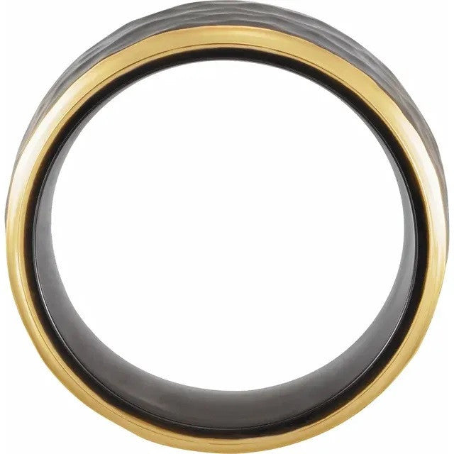 18K Yellow Gold PVD Black Titanium 8 mm Flat Band with Hammer Finish
