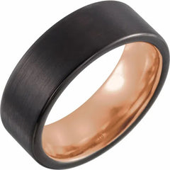 18K Rose Gold PVD Black PVD Tungsten 8mm Flat Edge Band with Satin Finish