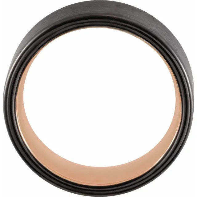 18K Rose Gold PVD Black PVD Tungsten 8mm Flat Edge Band with Satin Finish