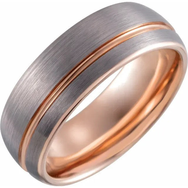18K Rose Gold PVD Tungsten 8 mm Grooved Size Band with Satin Finish