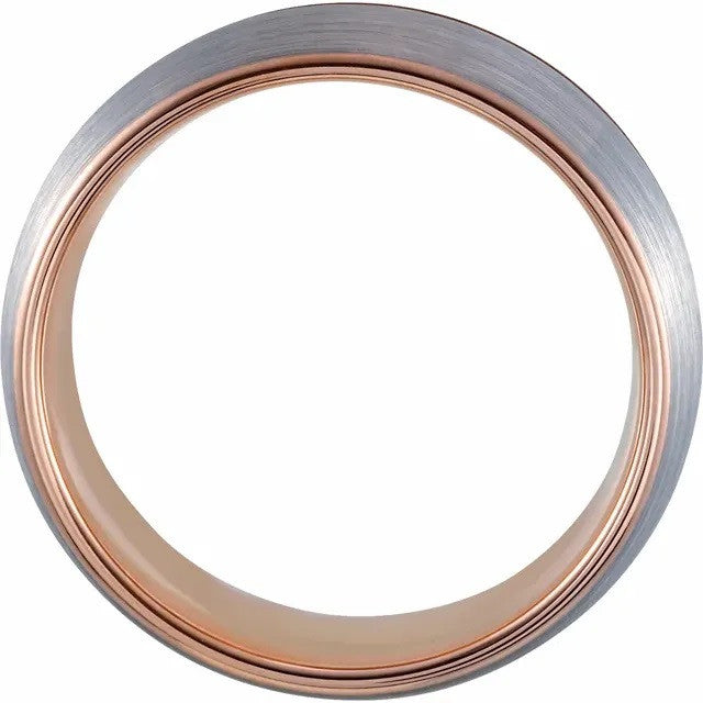 18K Rose Gold PVD Tungsten 8 mm Grooved Size Band with Satin Finish
