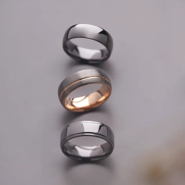 18K Rose Gold PVD Tungsten 8 mm Grooved Size Band with Satin Finish