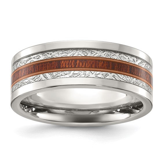 Titanium Polished with Wood and Imitation Meteorite Inlay 8mm Band