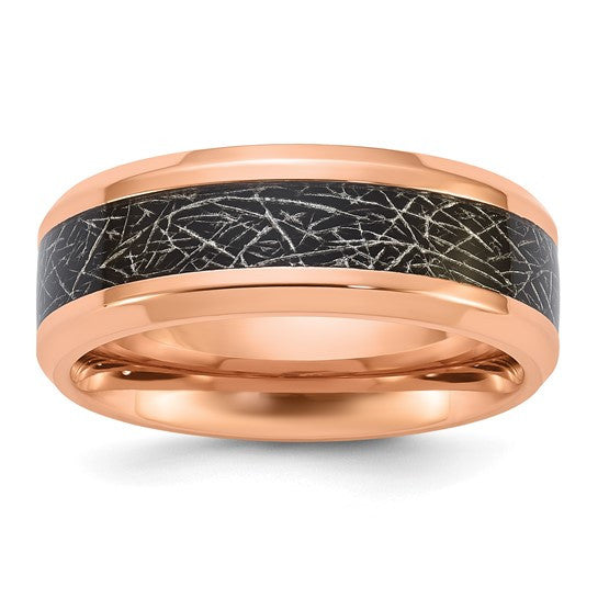 Titanium Polished Rose IP-plated Synthetic Leather Inlay in Clear Epoxy 8mm Band