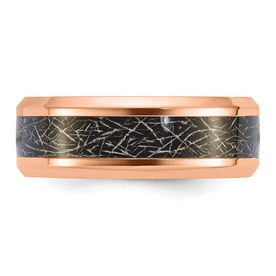 Titanium Polished Rose IP-plated Synthetic Leather Inlay in Clear Epoxy 8mm Band