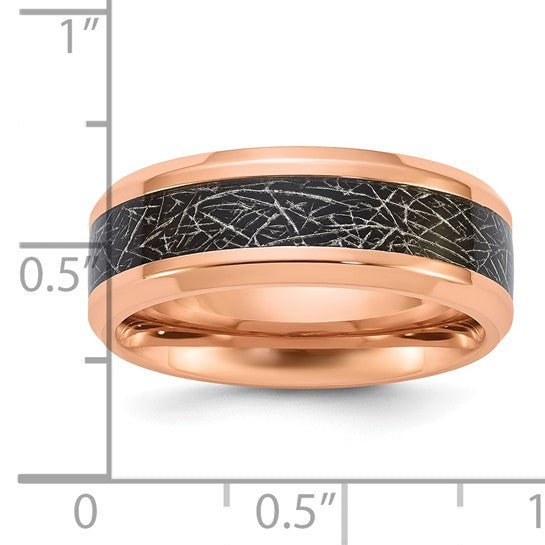 Titanium Polished Rose IP-plated Synthetic Leather Inlay in Clear Epoxy 8mm Band