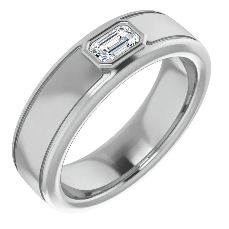 5x3/0.27ct Emerald Bezel Set Moissanite Mens Ring