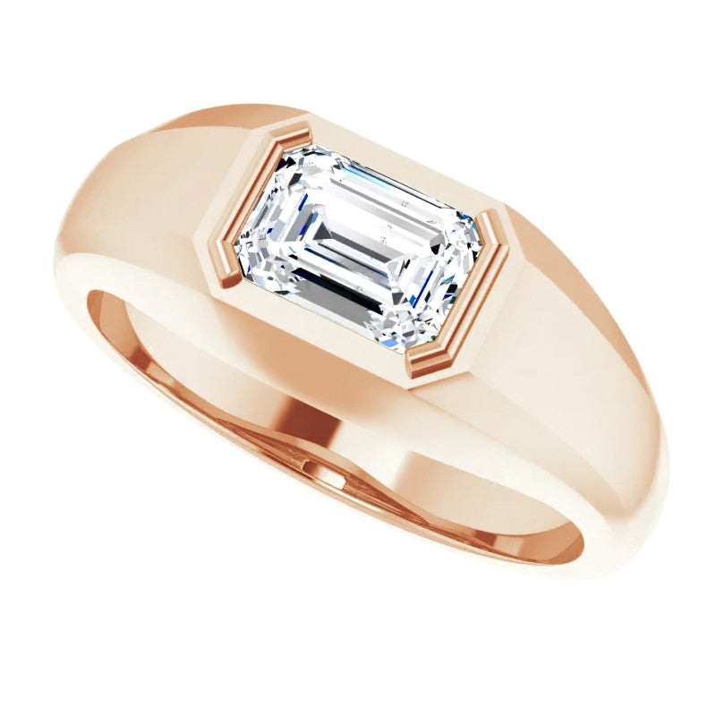 7x5/1.0ct Emerald Half Bezel Set Moissanite Mens Ring